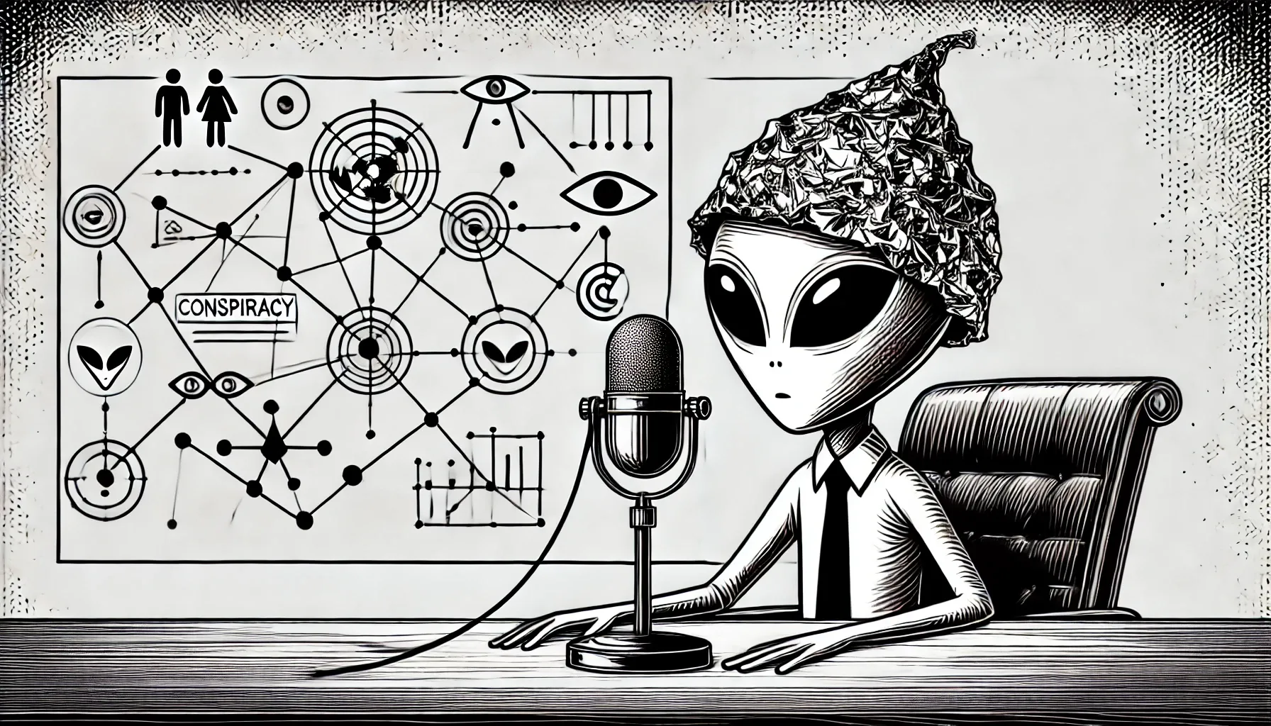 Un alien frente a un micrófono dando teorias de la conspiración