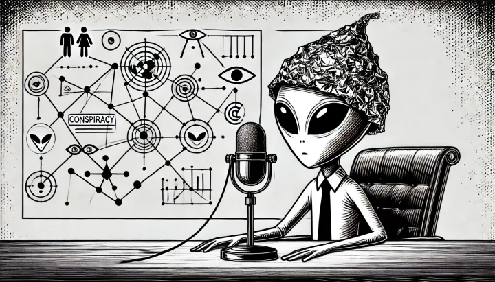 Un alien frente a un micrófono dando teorias de la conspiración